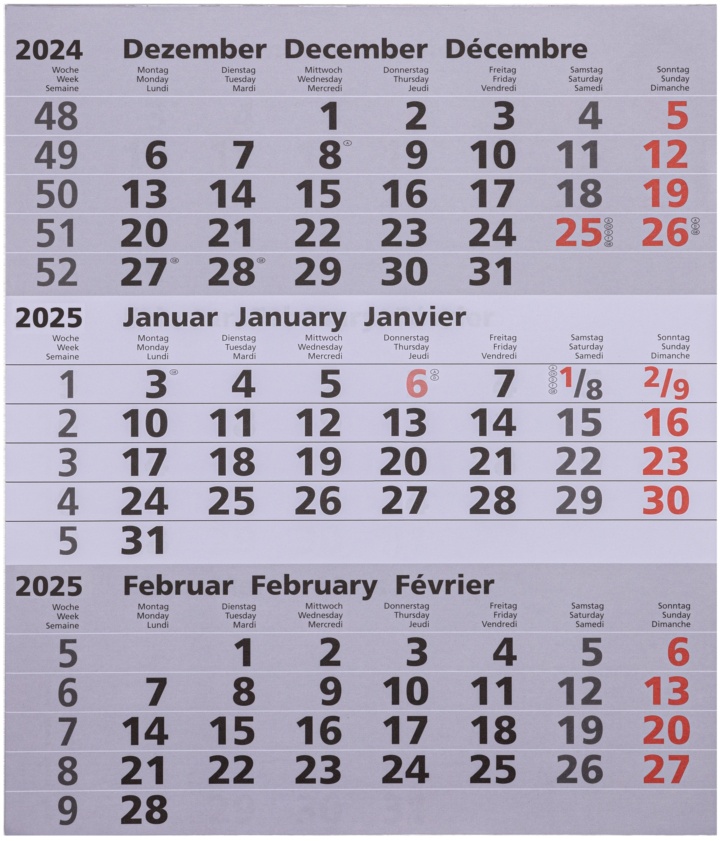 Ersatzkalendarium für 3-Monats Metallwandkalender
